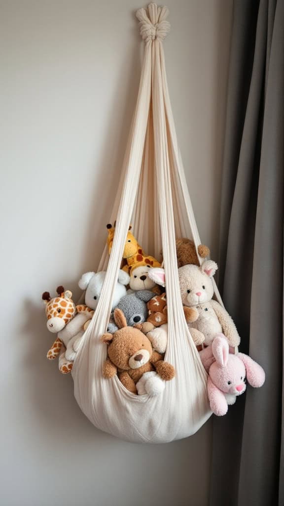 A cozy hammock filled with various stuffed animals hanging on a wall.