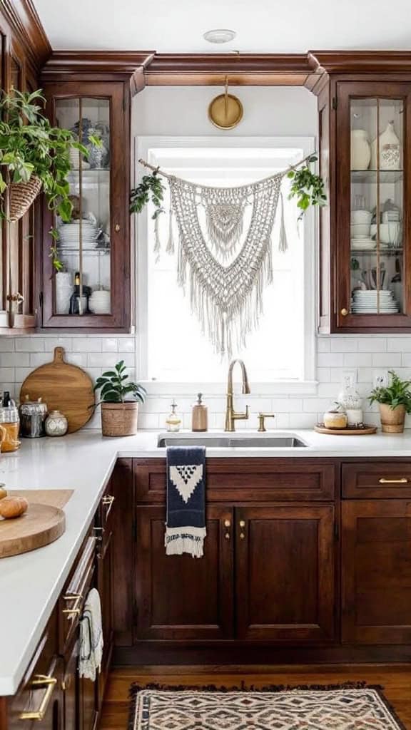 A stylish dark wood kitchen featuring plants, a macrame hanging, and a white countertop.