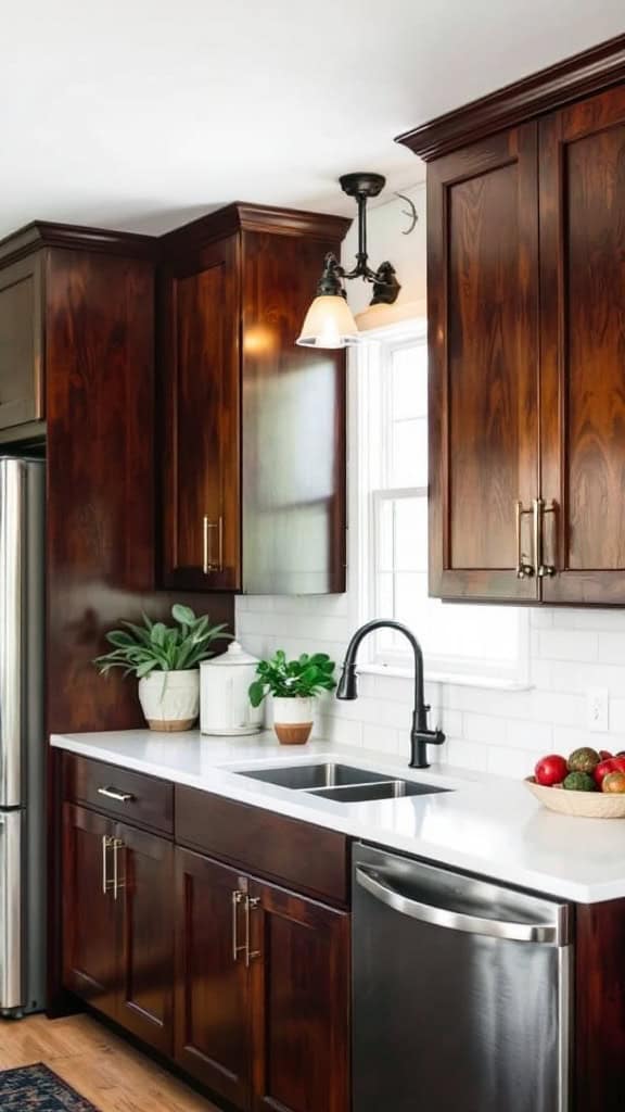 A kitchen featuring dark wood cabinets, a white countertop, and plants