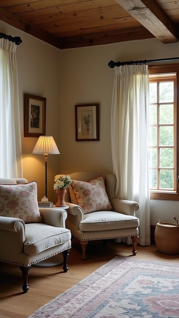 Cozy living room nook with two comfortable chairs, a lamp, and a window