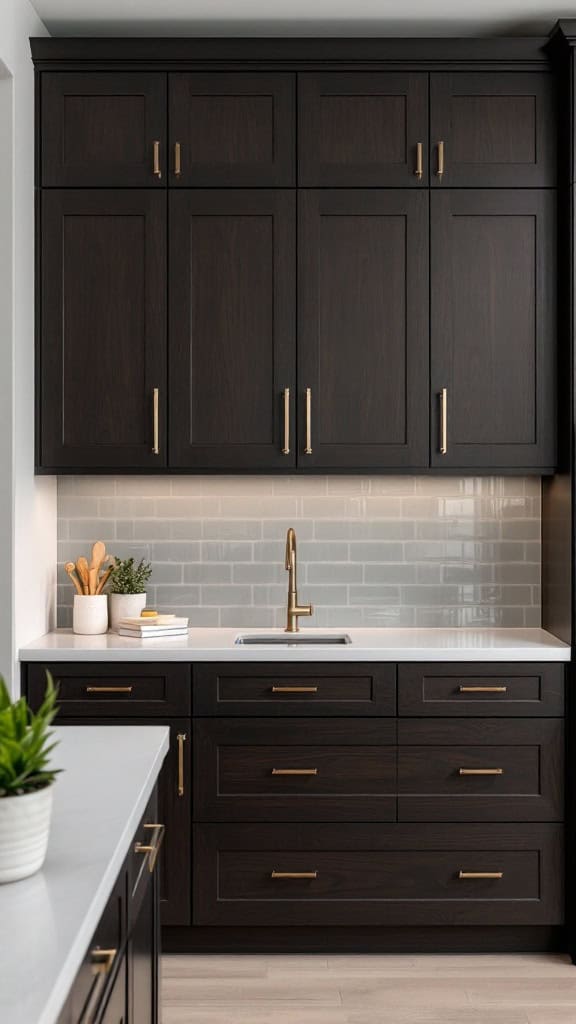 Modern kitchen with dark wood cabinetry and light countertops