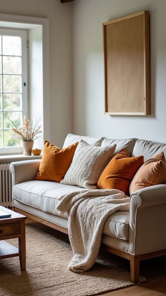 A cozy living room with a light sofa adorned with orange pillows and a soft throw, complemented by a wooden table and natural light from the window.
