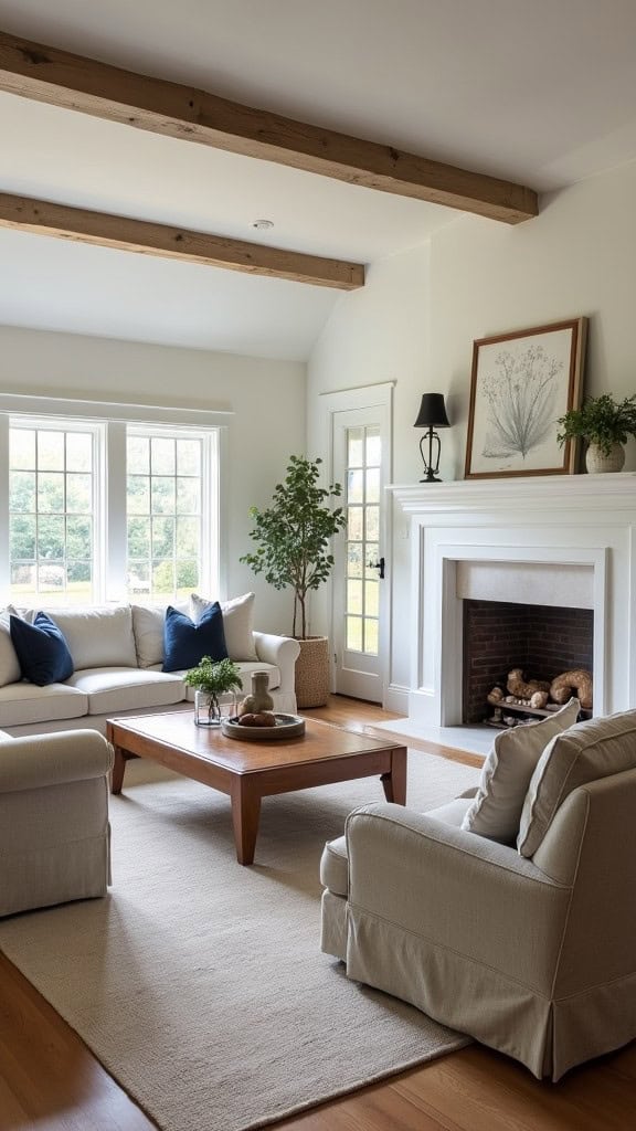 A cozy living room with comfortable seating, a wooden coffee table, and natural light.