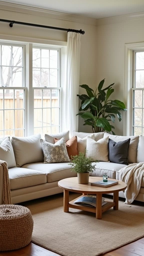 A cozy living room with a light-colored sofa, various pillows, a wooden coffee table, and a plant.