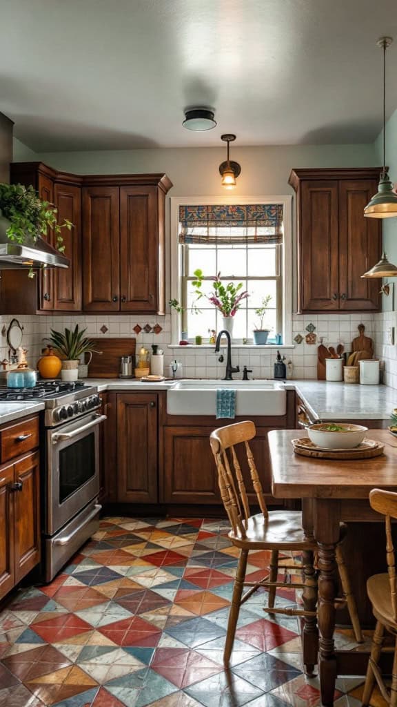 Cozy kitchen with dark wood cabinets and colorful tiled floor.