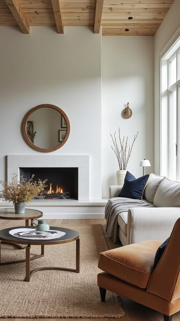 A cozy farmhouse living room with a fireplace, comfortable seating, and warm decor.