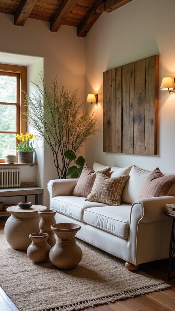 Cozy living room with handcrafted decor elements and natural materials.