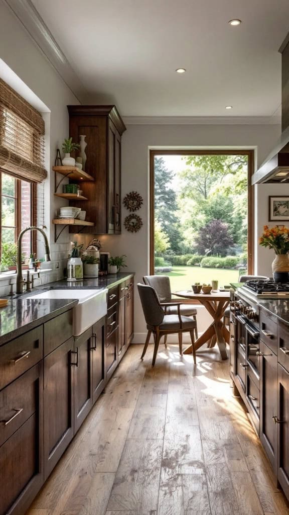 Cozy dark wood kitchen with light countertops and a comfortable chair