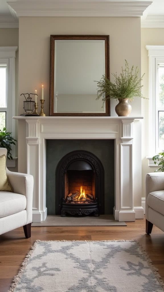 A cozy living room featuring a fireplace, two armchairs, and decorative items on the mantel.