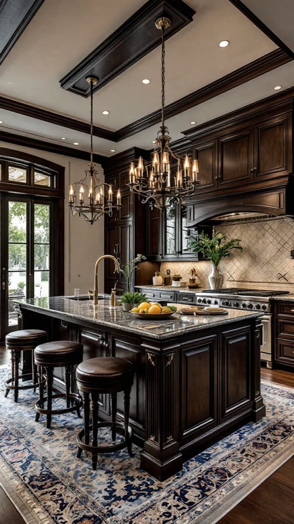 Luxurious dark wood kitchen with elegant design and stylish lighting.