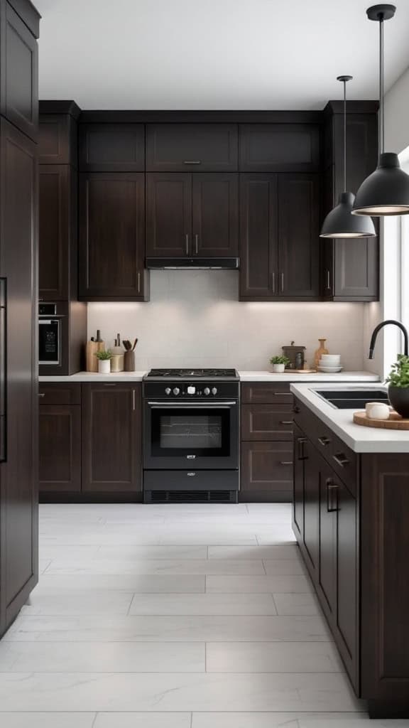 A modern kitchen featuring dark wood cabinets, a black stove, and minimalist decor.