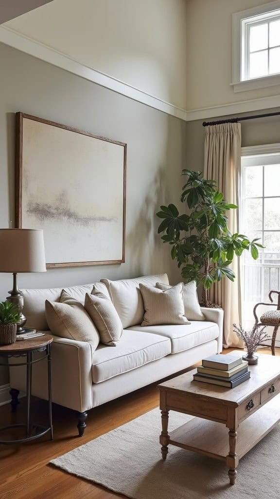 A cozy living room featuring a modern couch, rustic coffee table, and plants, blending old and new styles.