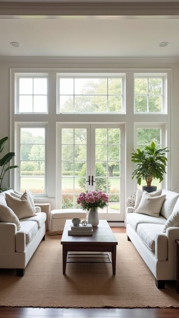 A bright living room with large windows, white sofas, and a coffee table featuring flowers.