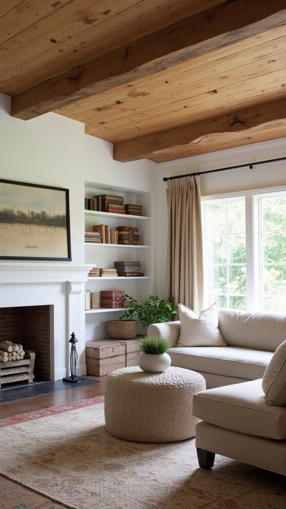 Cozy living room with natural wood finishes and comfortable furniture.