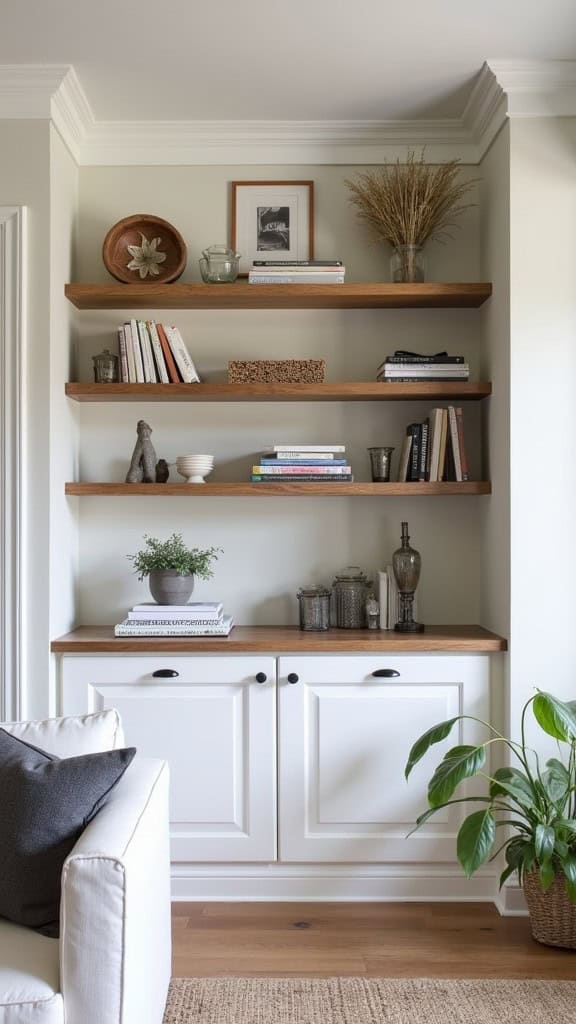 A cozy living room corner featuring open wooden shelves with books, plants, and decorative items.