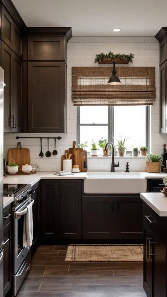 A rustic chic kitchen featuring dark wood cabinets, light countertops, and plants.