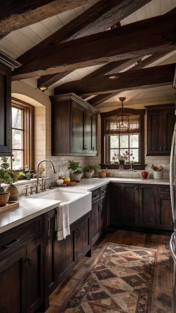 A rustic kitchen featuring dark wood cabinets, beams, and a large sink with bright windows.