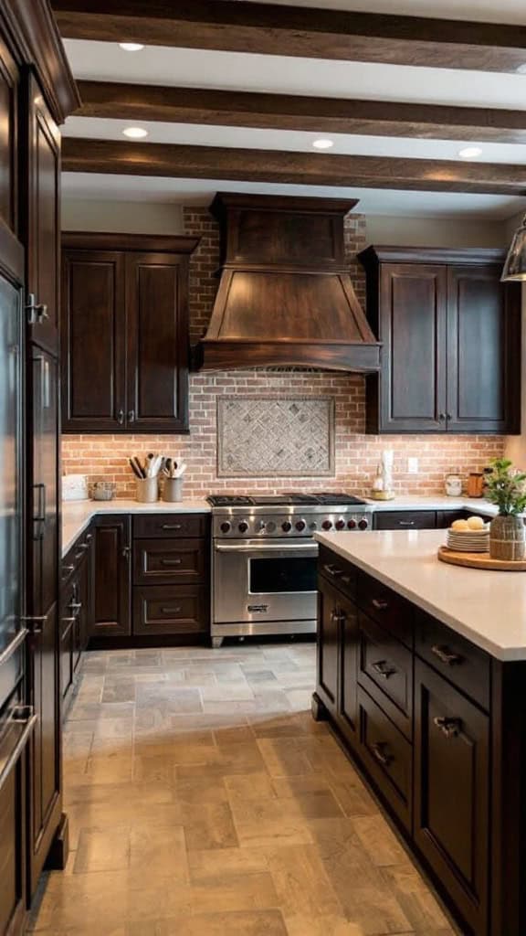 Kitchen featuring dark wood cabinets and beams with a modern stove and light brick backsplash.