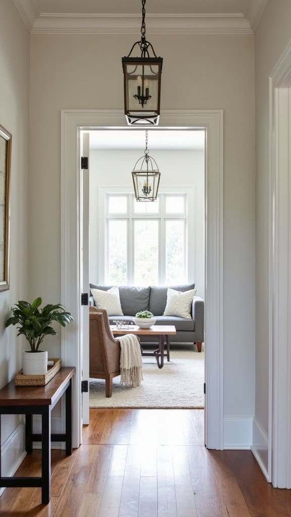 A well-lit entrance leading to a cozy living room with a plant and stylish seating.