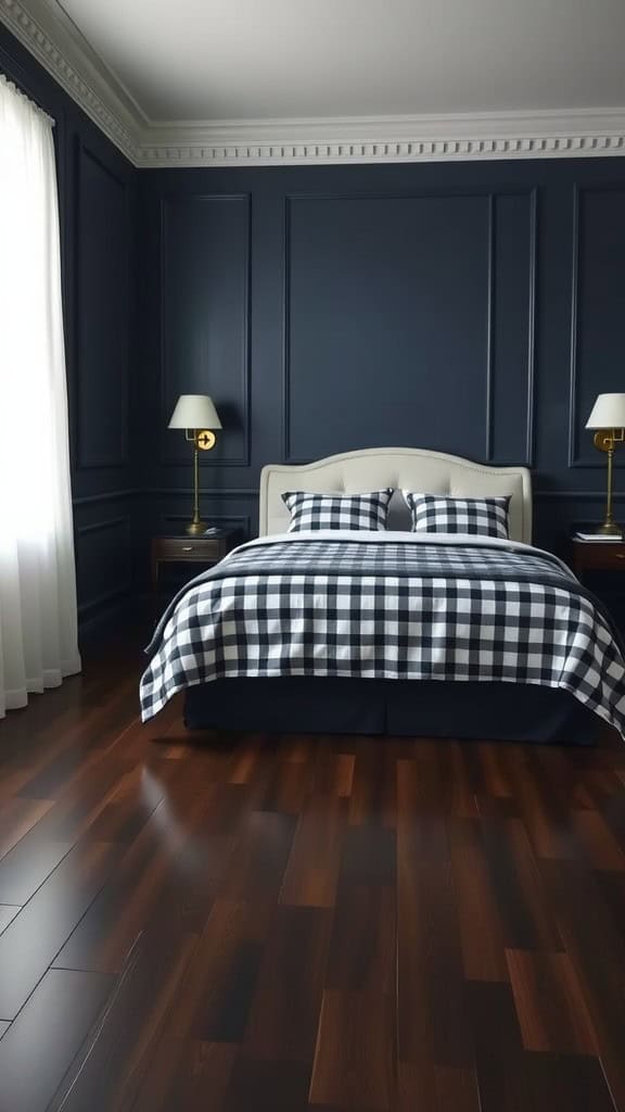 A cozy navy blue bedroom featuring a stylish bed with checkered bedding and elegant lamps.
