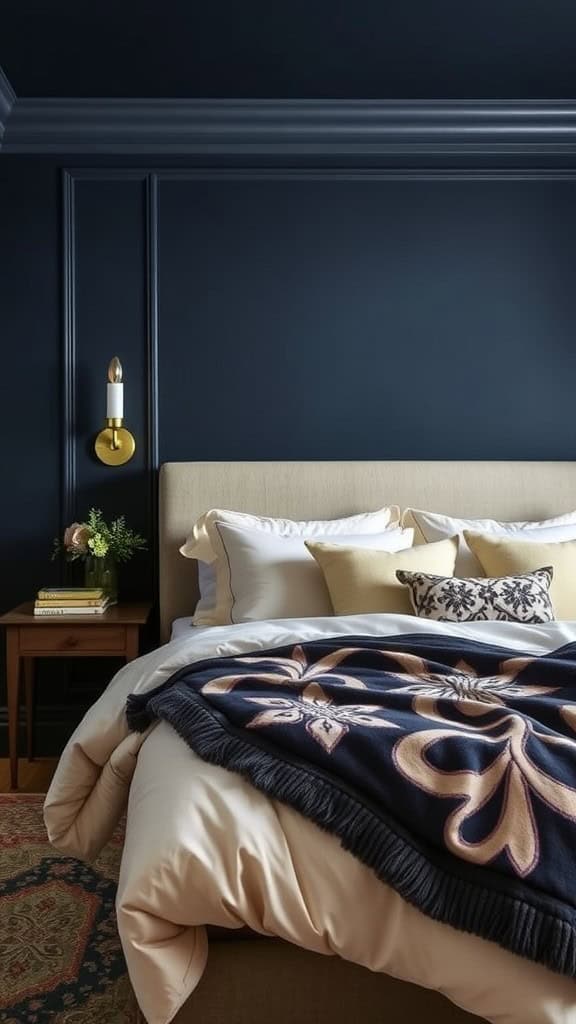 A cozy dark navy bedroom with two beds, warm lighting, and decorative elements.