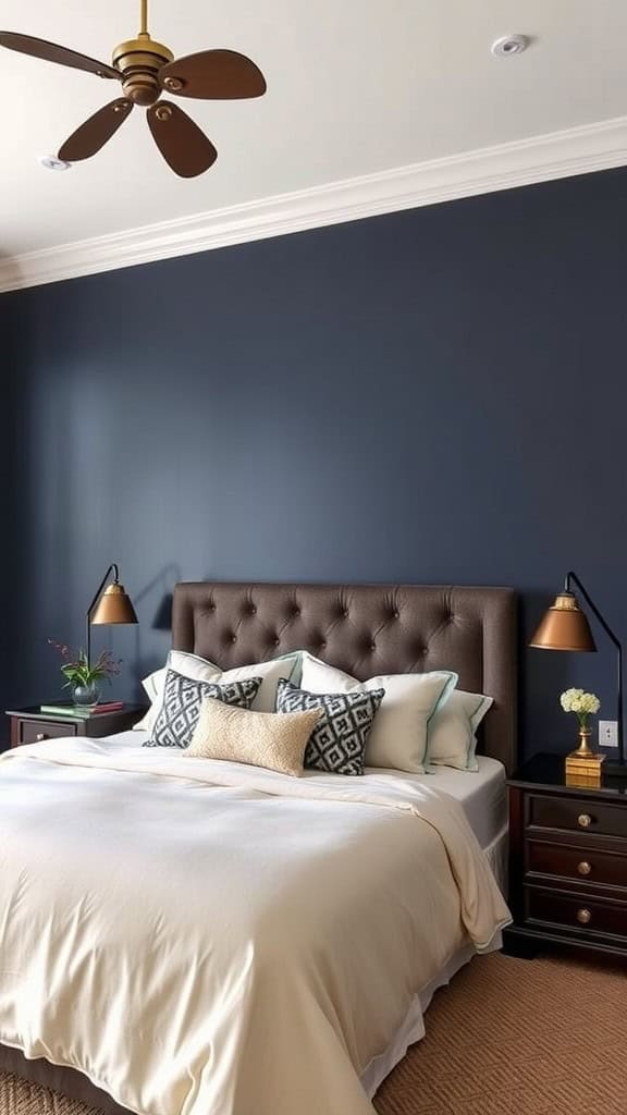 A matte navy bedroom featuring two beds with light bedding and stylish lamps.