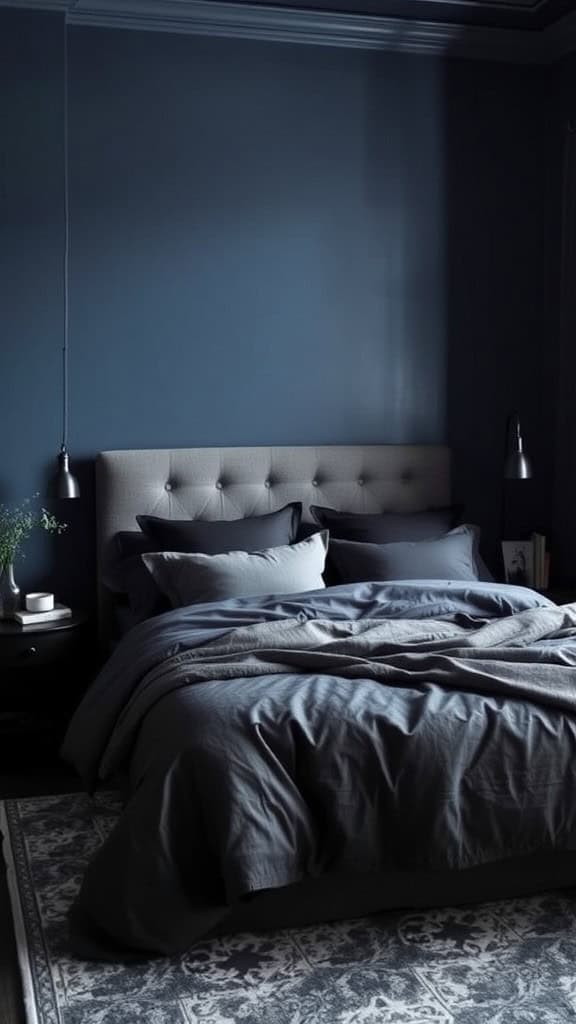 A moody navy blue bedroom featuring a plush bed with various pillows and soft bedding, complemented by dark furniture and warm wood flooring.