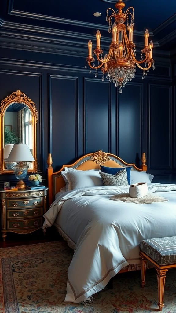 A luxurious navy blue bedroom featuring gold accents, a grand chandelier, and elegant furnishings.