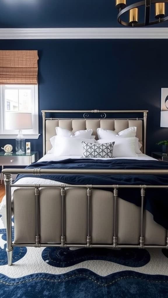 A cozy navy blue bedroom with a bed, nightstand, and a few decorative items.