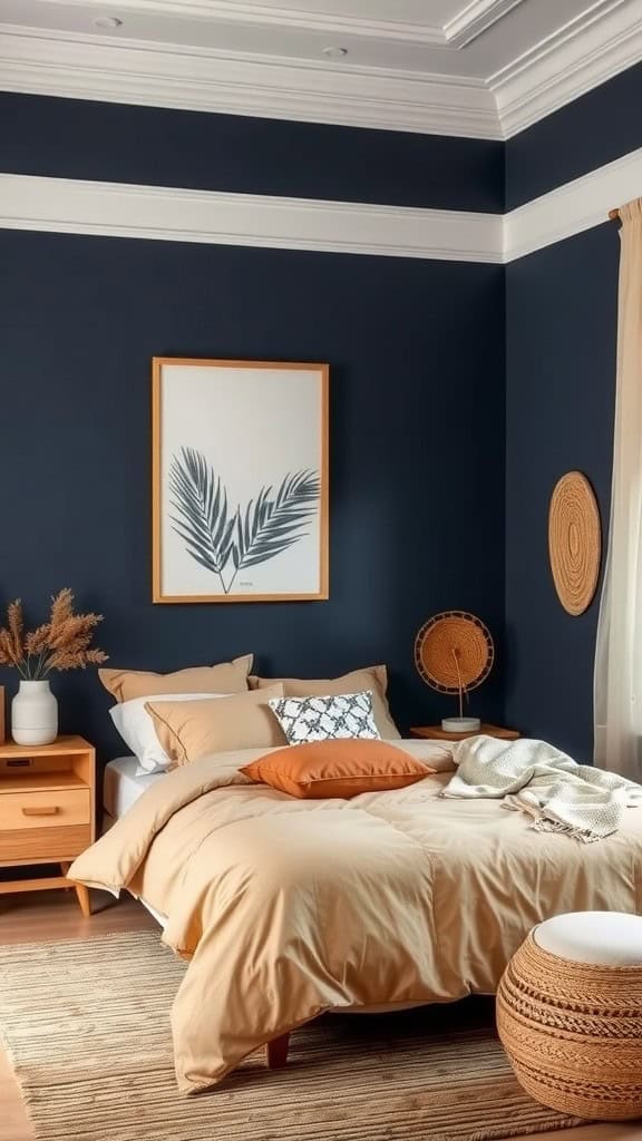 A cozy bedroom with navy blue walls and tan bedding, featuring natural decor elements.