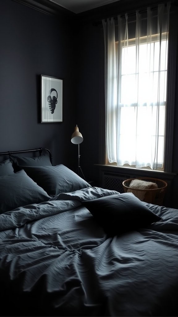A stylish bedroom featuring a navy blue accent wall, wooden furniture, and soft neutral tones.