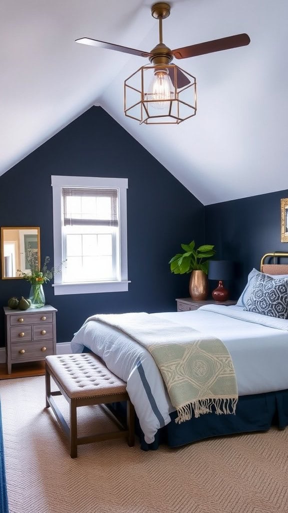 Cozy navy blue attic bedroom with a bed and natural light
