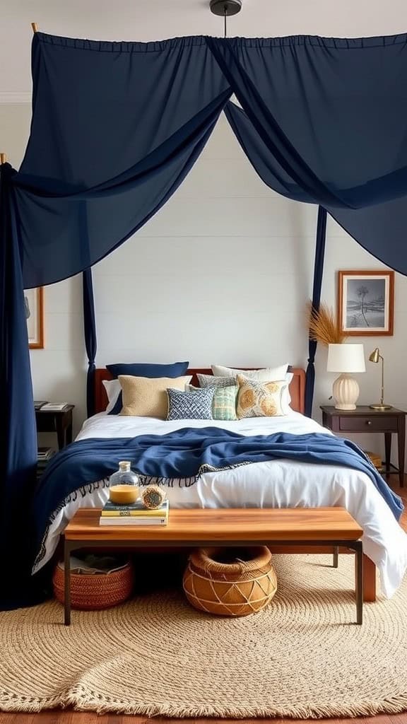 A navy blue boho bedroom featuring a bed with navy bedding and a soft rug.