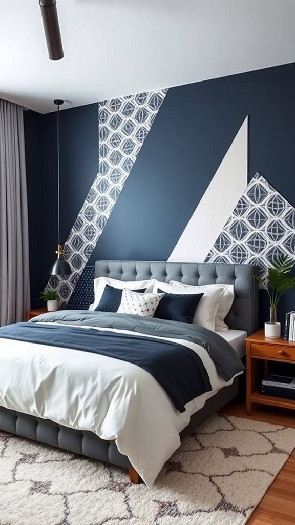 A stylish navy blue bedroom featuring geometric patterns on the walls, a cozy bed with textured blankets, and modern decor.