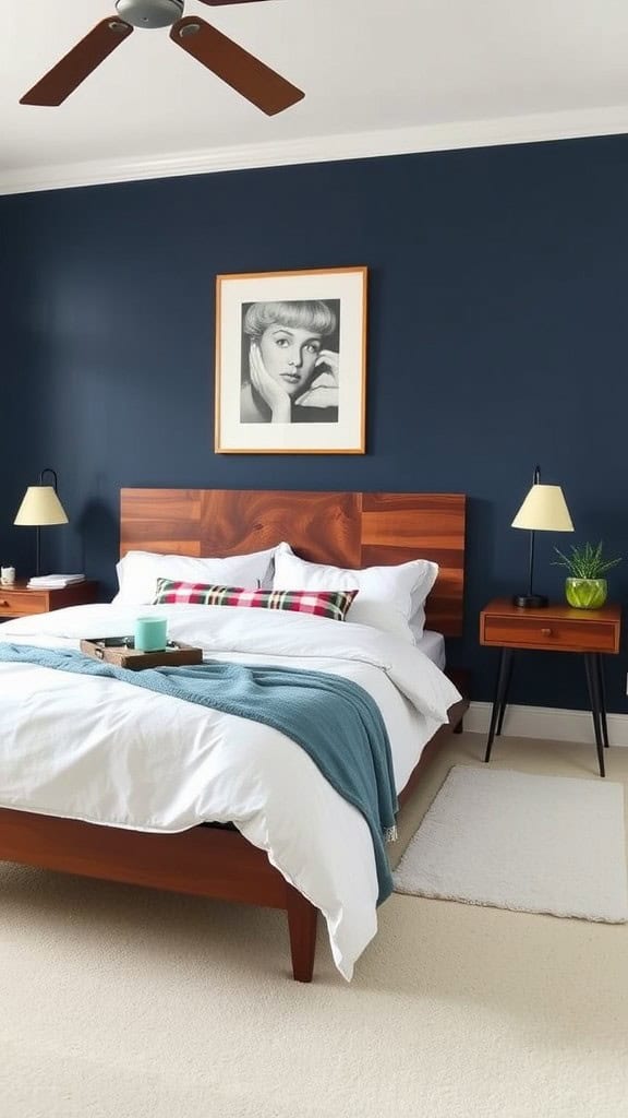 Navy blue mid-century bedroom with wooden furniture and soft textiles.