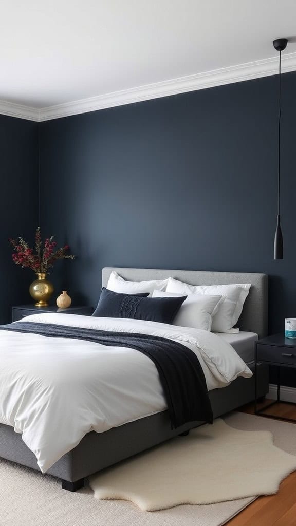 A minimalist bedroom featuring a navy blue wall, a black bed, and simple decor.
