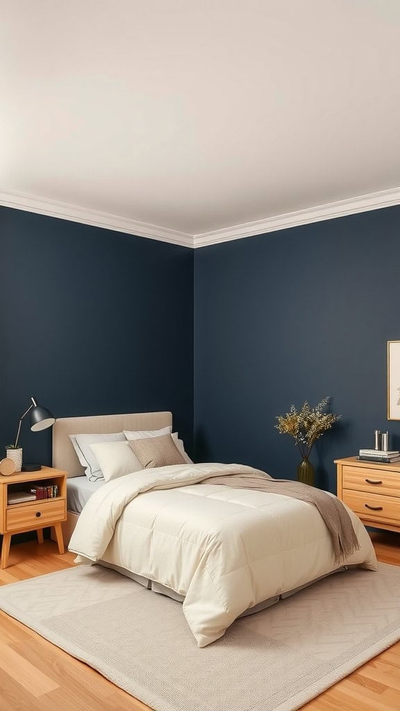 A serene navy blue bedroom featuring a comfortable bed, bedside tables, and a cozy rug.
