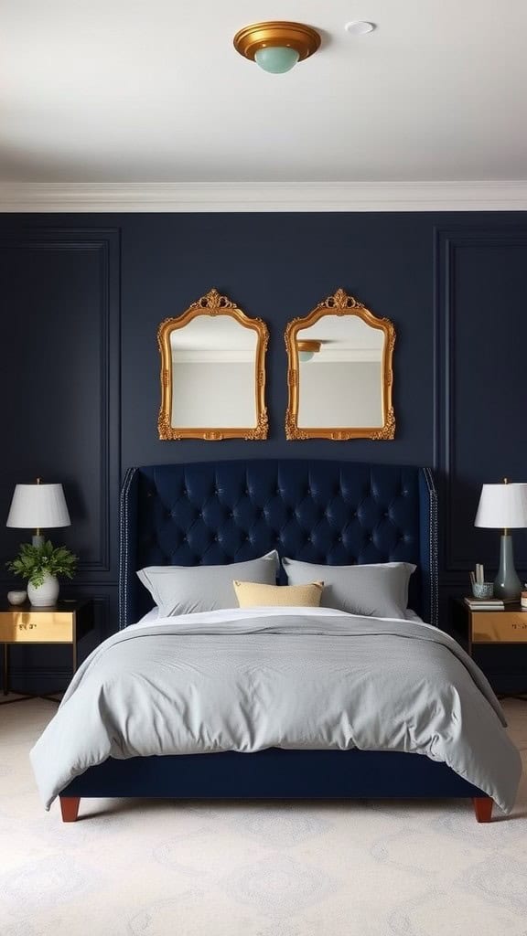A luxurious navy blue bedroom featuring a tufted headboard, gold-framed mirrors, and elegant decor.