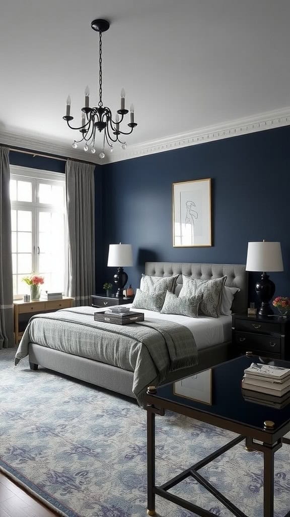 A refined navy blue bedroom featuring a stylish bed, elegant lamps, and decorative accents.