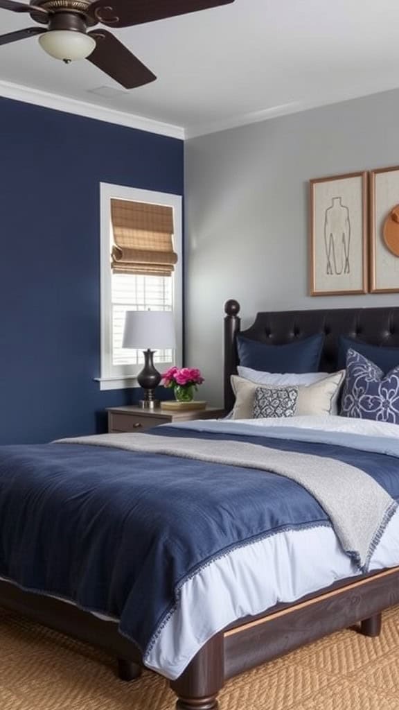 A rustic bedroom featuring a wooden bed with a navy blue and orange plaid blanket, wooden furniture, and a light color scheme.