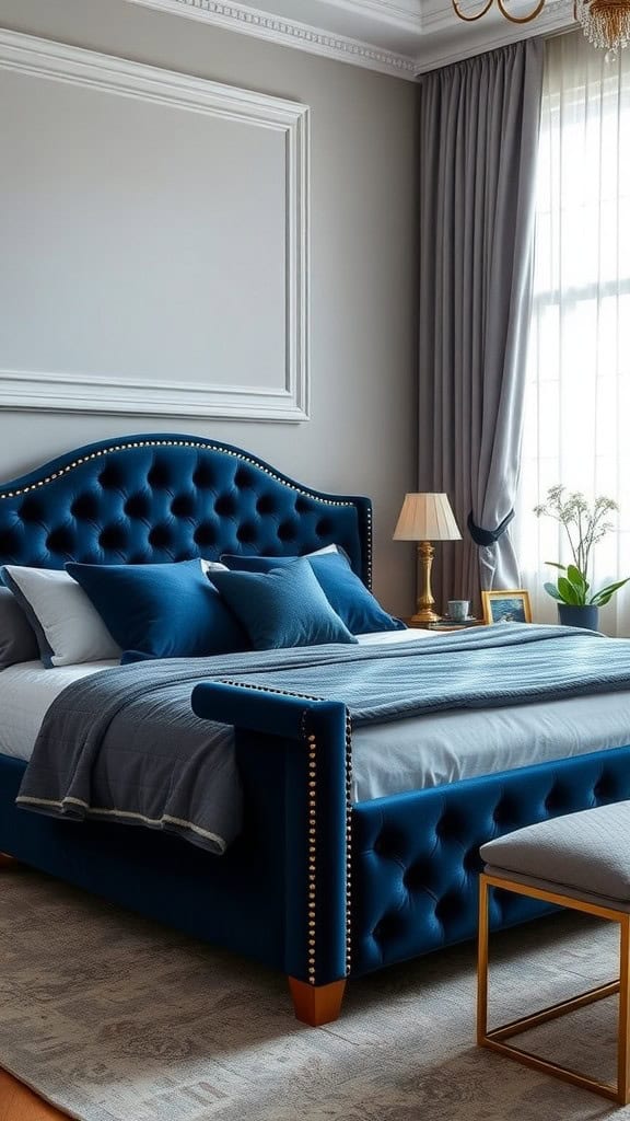 A beautifully designed velvet navy blue bedroom featuring a plush bed, stylish accessories, and soft lighting.