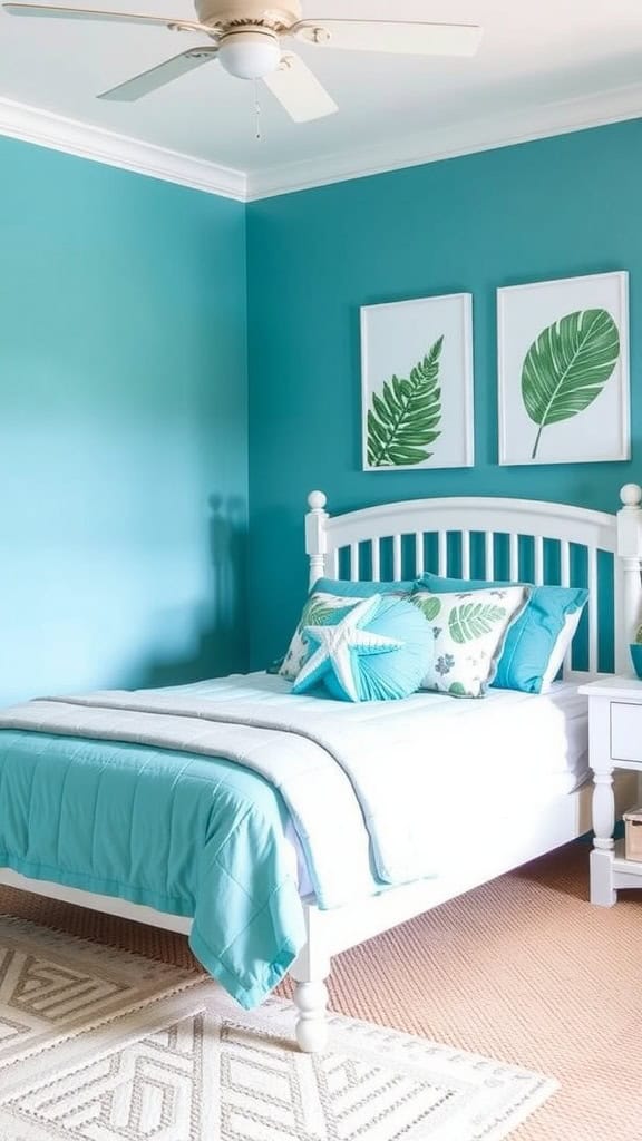 A coastal-themed teen bedroom with aqua bedding and leaf decorations.