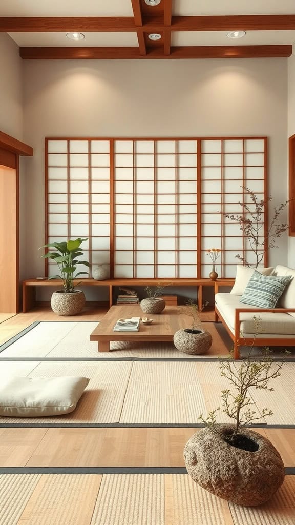 A serene Japandi living room showcasing minimalist design with natural materials.