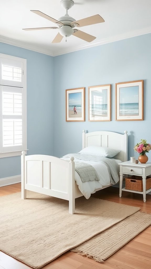 A serene coastal bedroom with light blue walls, a white bed, and beach-themed artwork.