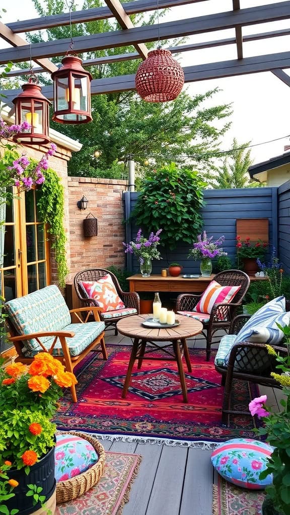 A colorful Bohemian-style garden patio with vibrant cushions, flowers, and cozy seating.