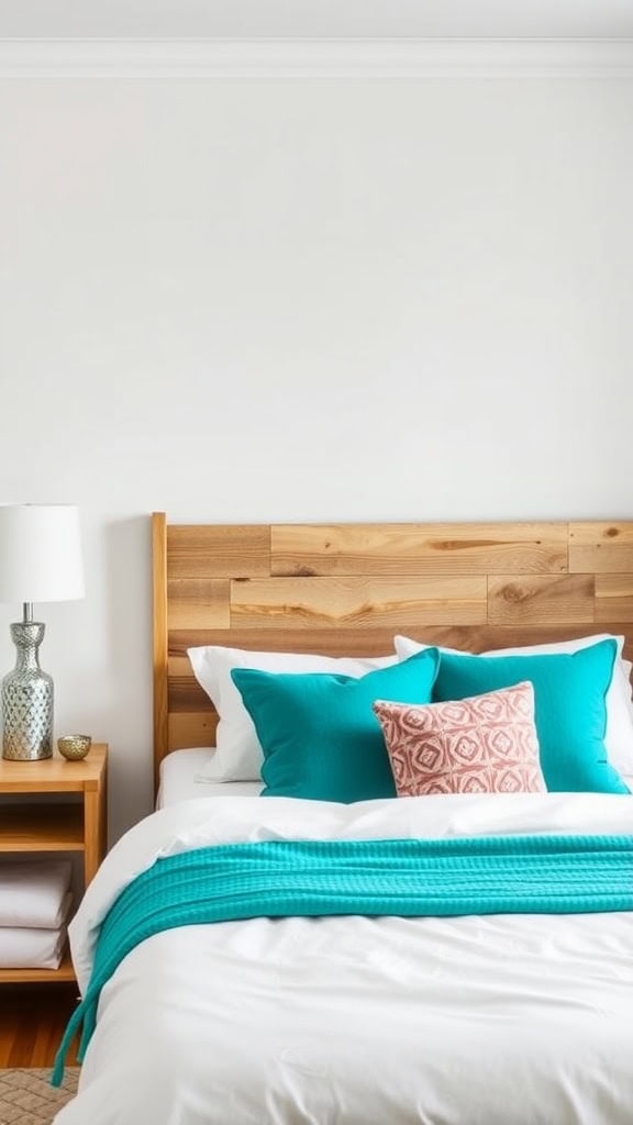 A cozy coastal-themed bedroom featuring a wooden bed frame, bright turquoise pillows, and a simple bedside lamp.