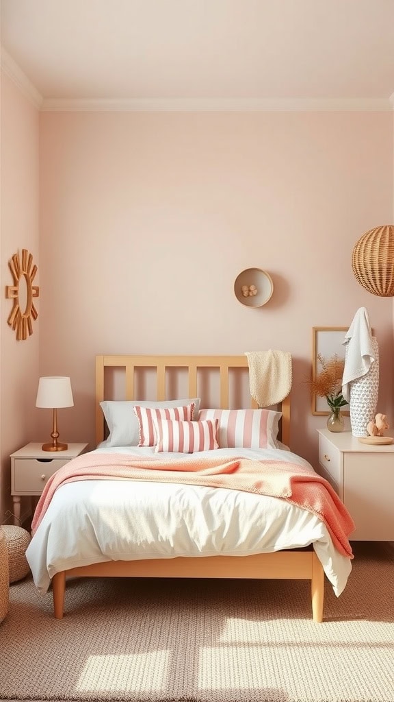 A cozy coastal teen bedroom featuring a pastel color scheme and soft textures.