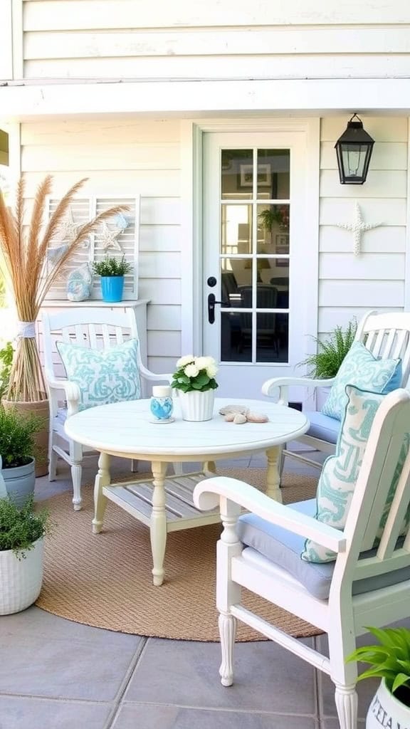 A cozy coastal garden patio featuring white furniture, soft cushions, and greenery.