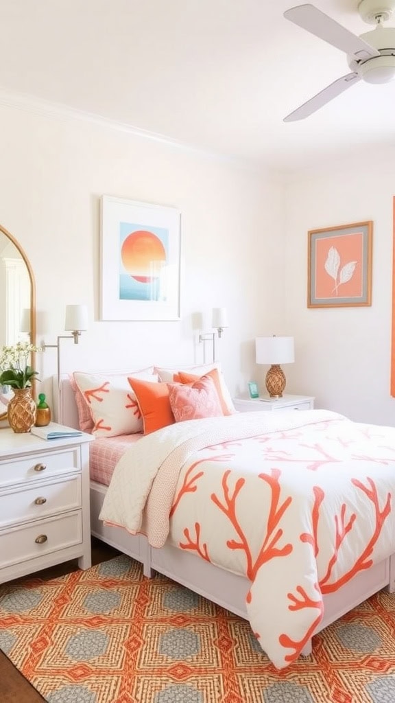 Coastal themed bedroom with coral patterned bedding and pillows