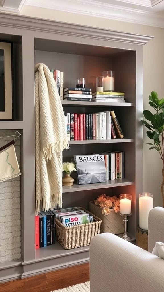 A neatly arranged bookshelf with books, a throw blanket, a clock, and candles, creating a cozy atmosphere.